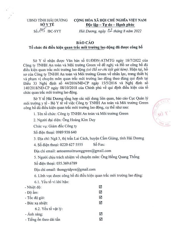 Sở y tế Hải Dương chứng nhận Green đủ điều kiện quan trắc môi trường